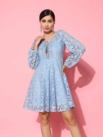 Women Blue Floral Pattern V-Neck Bishop Sleeves Lace-up Ruffled