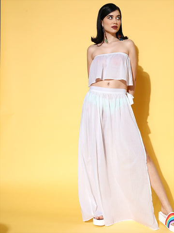Berrylush Women Solid White Back Tie Shoulder Crop Cami Top & Slited Midi  Skirt Co-Ord Set