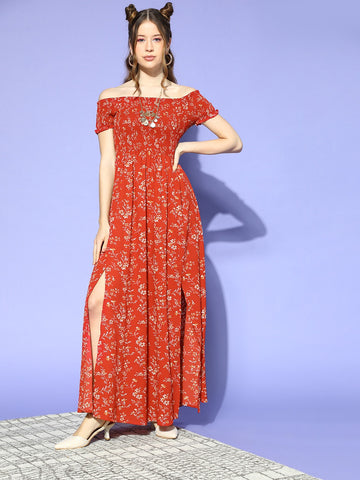 Red floral off the shoulder 2024 maxi dress