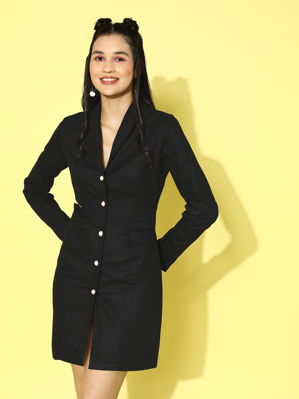 Berrylush Women Solid Black V-Neck Front Button-Up Crepe Thigh-High Slit  Straight Hem Bodycon Midi Dress