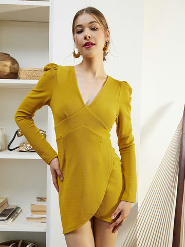 Women Solid Yellow V-Neck Puff Sleeves Slim Fit Wrap Knitted