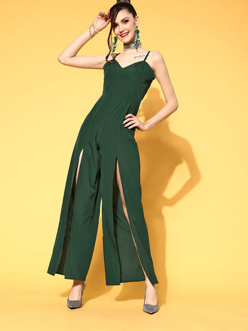 Women Solid Green Halter Neck Sleeveless Waist Tie-Up Pleated Culotte  Jumpsuit - Berrylush