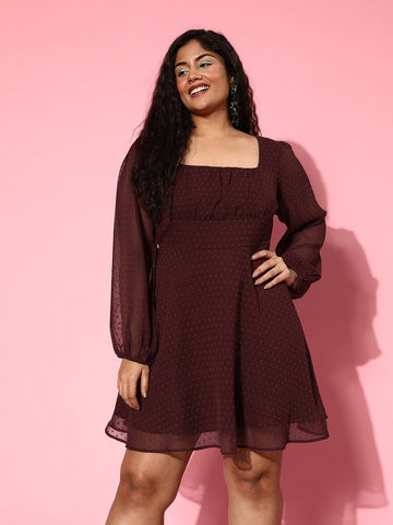 Women Maroon Self-Design Pattern V-Neck Net Puff Sleeve Smocked Fit & Flare  Mini Dress - Berrylush