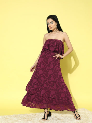 Women Maroon Floral Pattern Strapless Neck Sleeveless Jacquard