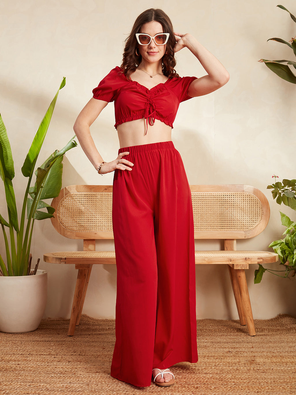 Women Solid Red V-Neck Front Tie-Up Frilled Crop Top & Wide-Leg