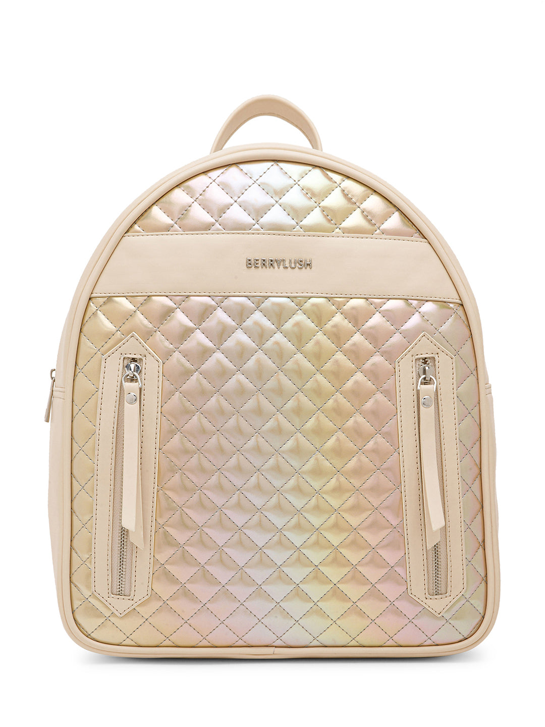 Women Solid Beige Synthetic Leather Zipper Up Quilted Backpack