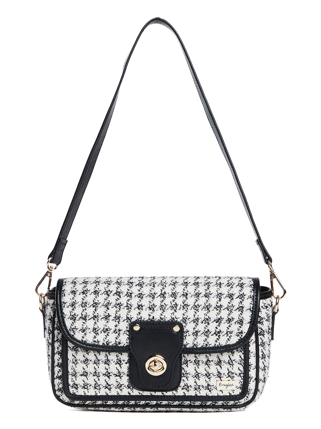 Berrylush Women White Black Quilted Pattern PU Fabric Detachable Sling Strap Regular Shoulder Bag