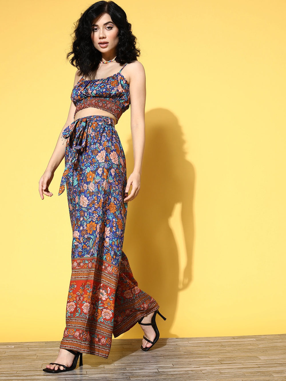 Women Blue And Brown Floral Printed Round Neck Waist Tie Up Crop Top And Wide Leg Trousers Set 7971