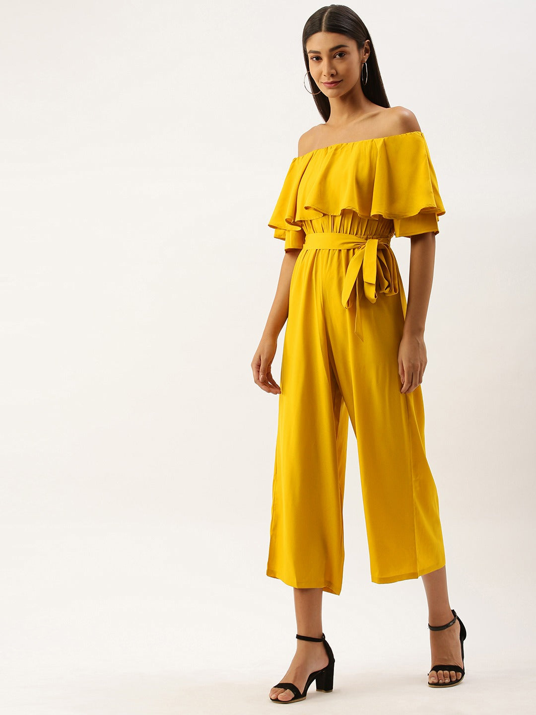 Yellow jumpsuit off cheap the shoulder