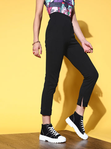 Women Solid Black Relaxed Flat-Front High-Rise Waist Trousers - Berrylush