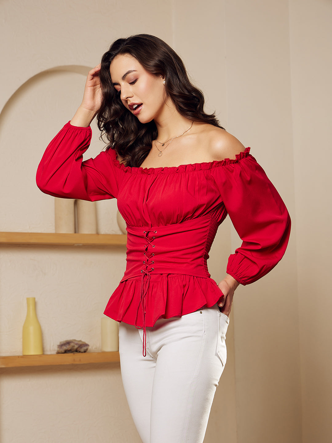 Women's Cap Sleeve Stretchy Flare Bottom Fitted Peplum Blouse Tops - Red -  C8184ROA3RE