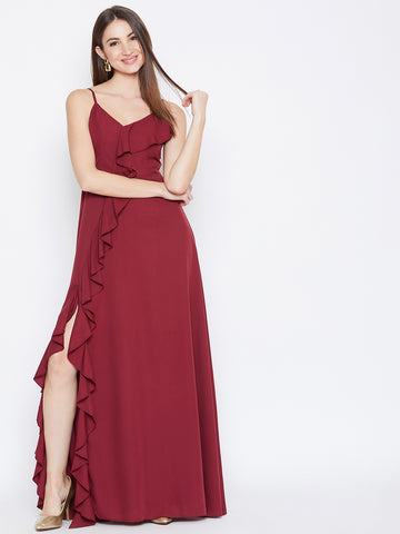 Women Solid Maroon V-Neck Sleeveless Crepe Thigh-High Slit A-Line Maxi Dress  - Berrylush