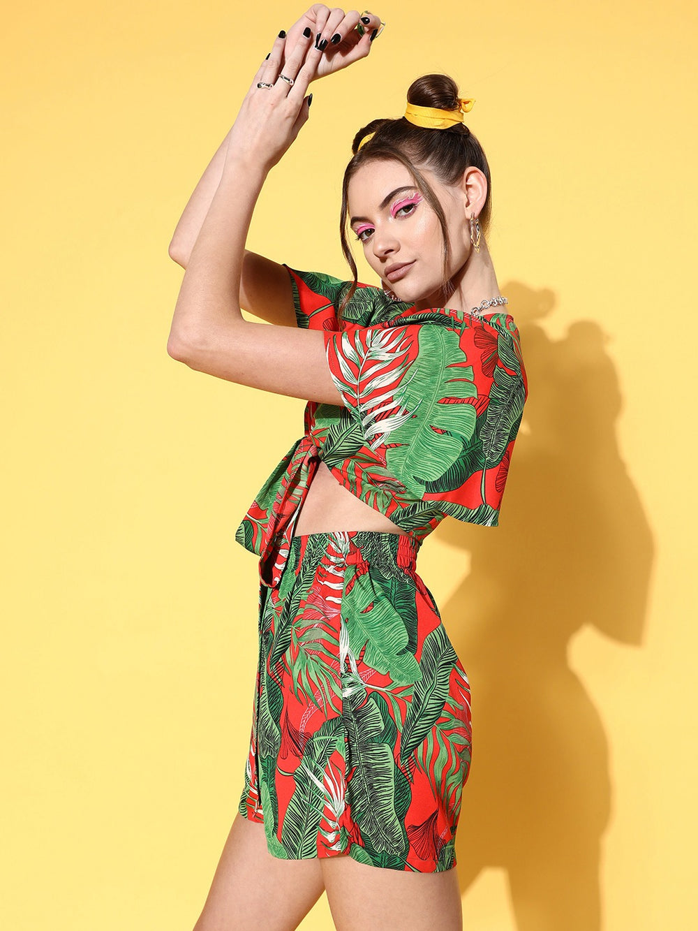 Women Red And Green Tropical Printed V Neck Front Tie Up Crop Top And Mini Shorts Co Ord Set Berrylush 1988