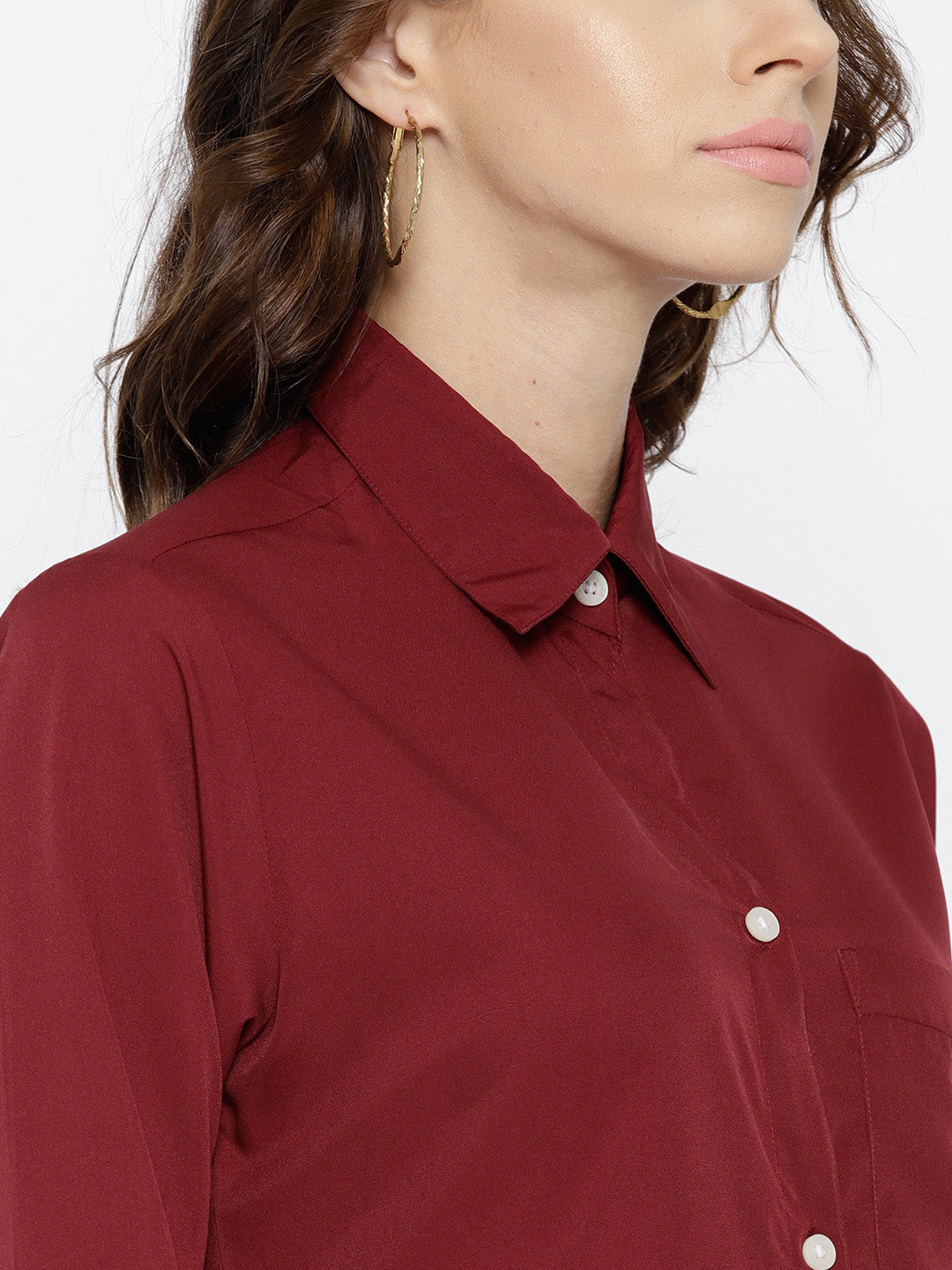 Berrylush Women Maroon Self Design Spread Collar Casual Shirt