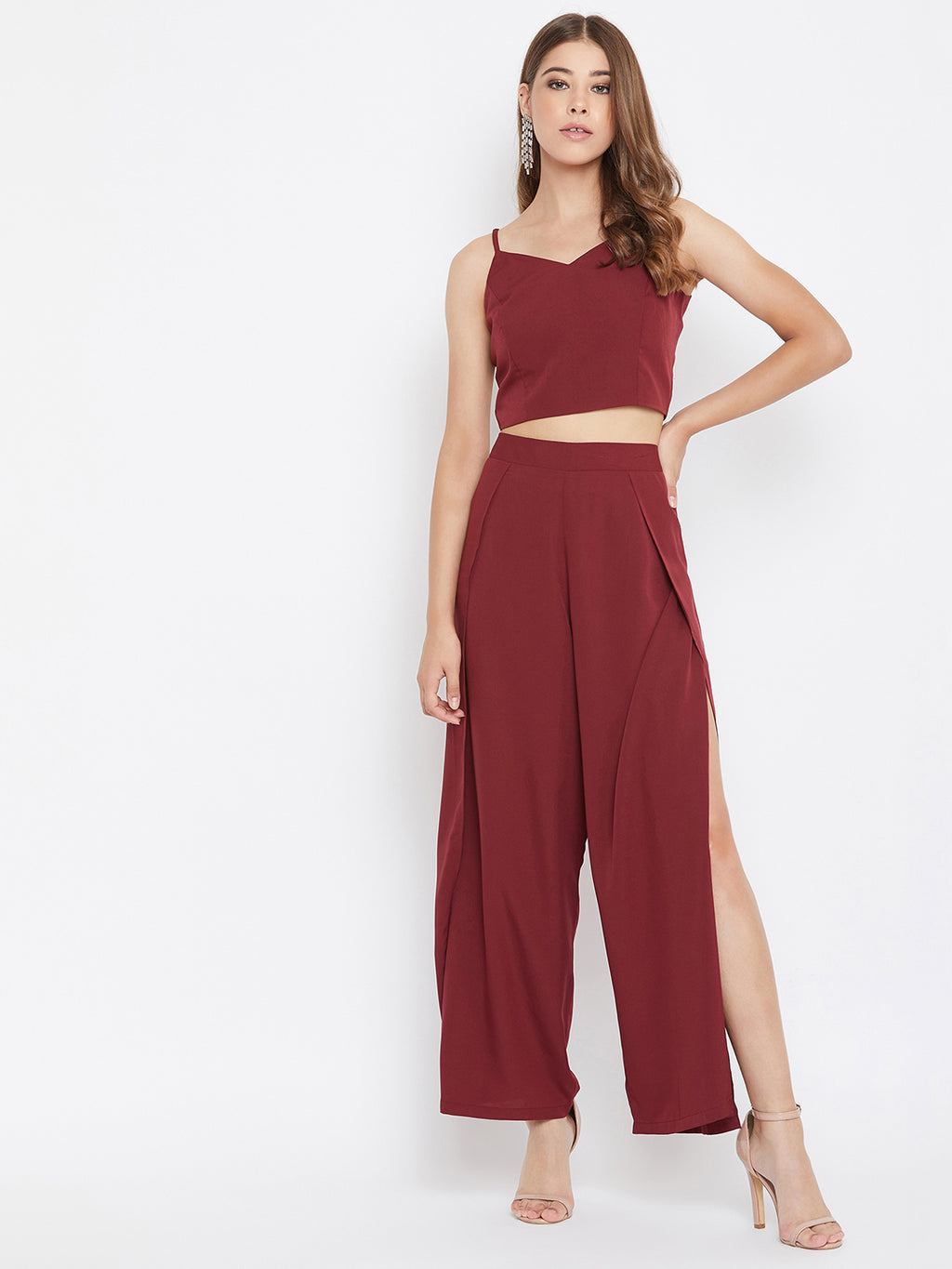 Women Solid Maroon V-Neck Crop Top and Trousers Set - Berrylush