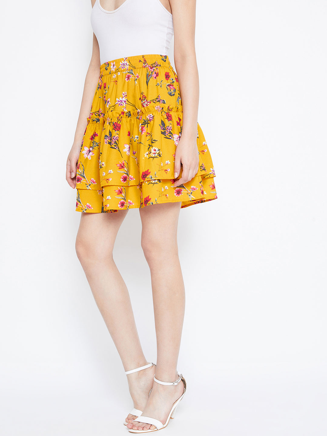 Berrylush Women Yellow Floral Print Skirt Mini Layered Slip-On