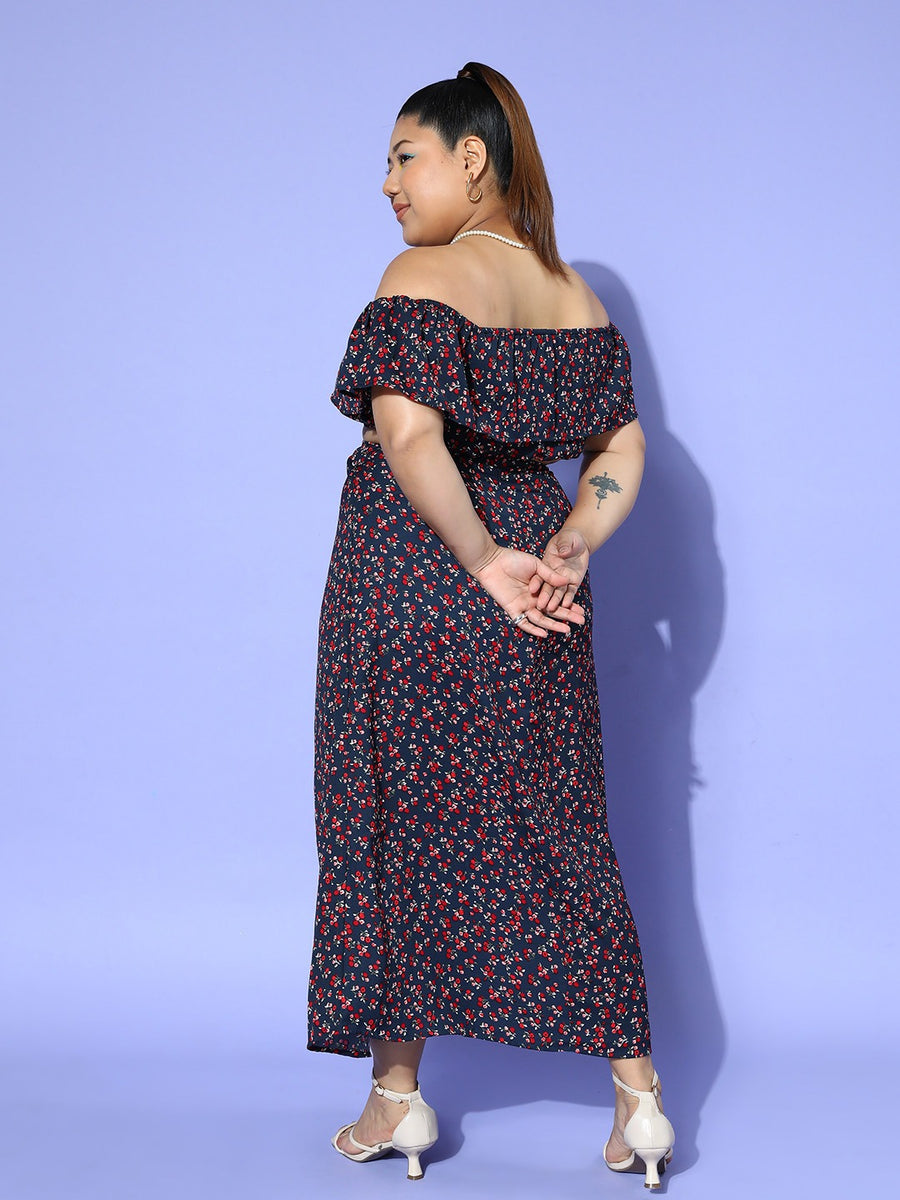 Women Plus Size Navy Blue And Red Floral Printed Off Shoulder Neck Crop Top And Thigh High Slit Maxi 5409