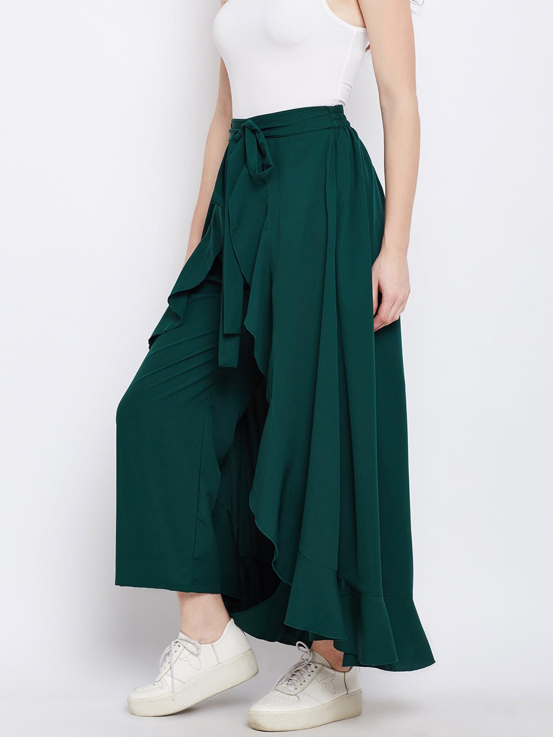 Green Solid Ruffled Wrap Maxi Skirt with Attached Palazzo - Berrylush