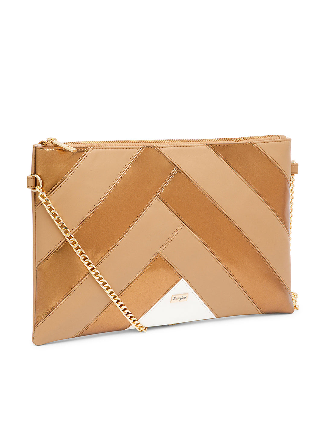 Women Striped Beige Gold Synthetic Leather Detachable Sling