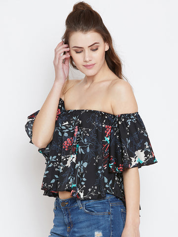 Berrylush Women Black Multicoloured Floral Printed Off Shoulder