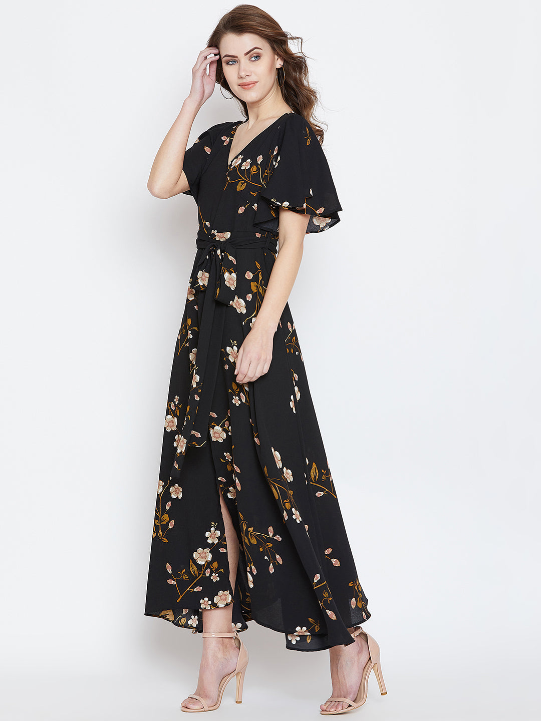 LASTINCH All Size's Black Floral Printed Wrap Style Maxi Dress