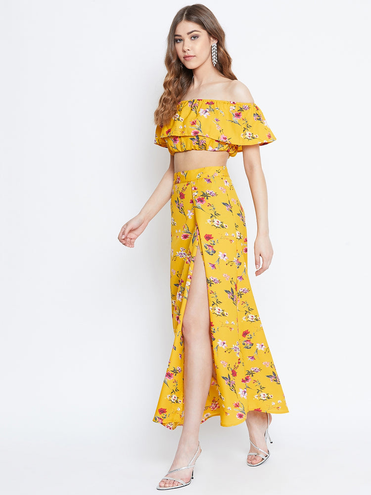 Women Yellow Floral Printed Off-Shoulder Co-Ordinate Maxi Dress - Berrylush