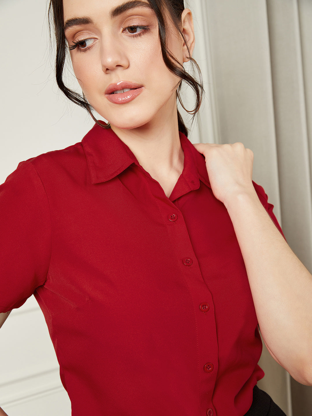 Red button up womens hot sale shirt