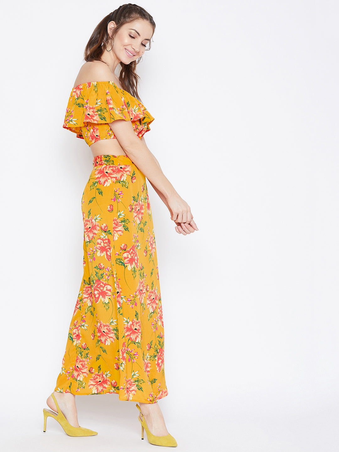 Berrylush Women Yellow Floral Printed Off-Shoulder Co-Ordinate Maxi Dr