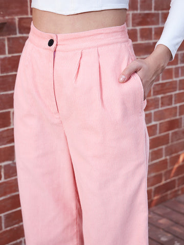 Women Solid Peach High-Rise Waist Two-Pocket Button-Up Wide-Leg