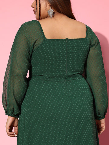 Berrylush Women Green Self-Design Pattern Square-Neck Maxi Dress