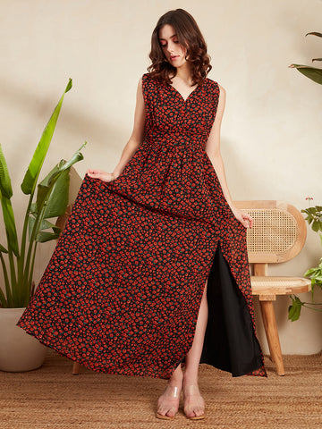 Women Black & Red Floral Printed V-Neck Sleeveless Zipper-Up Thigh 