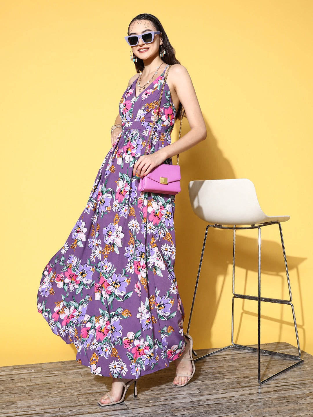 Purple floral print deals maxi dress