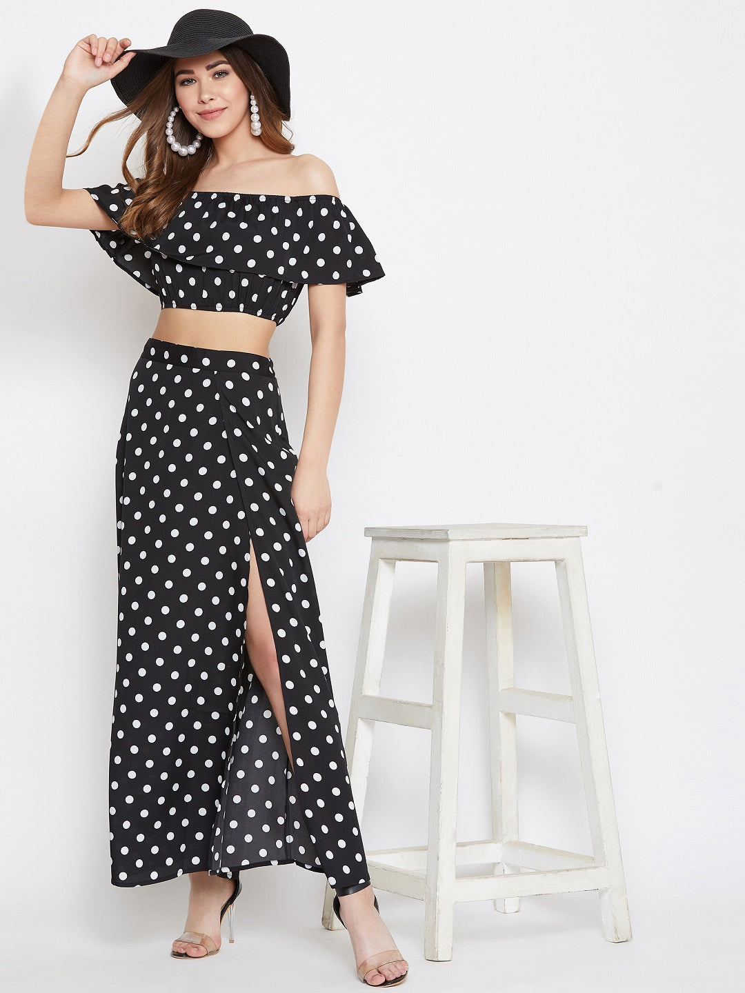 Black and white polka dot off the 2025 shoulder top