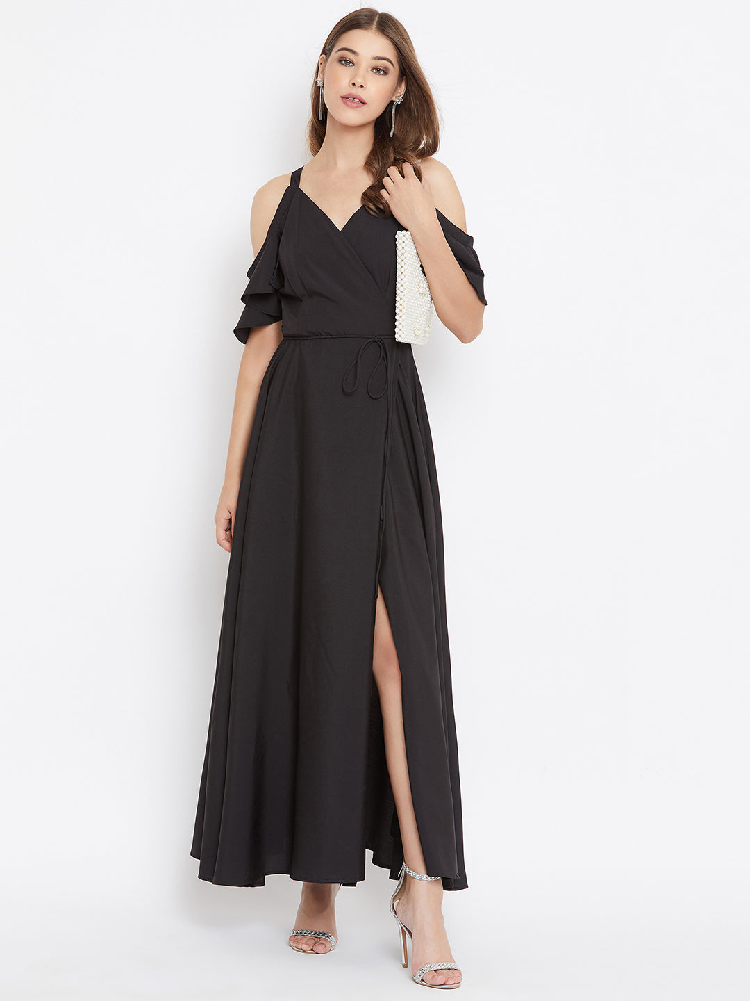 Off the shoulder store wrap maxi dress