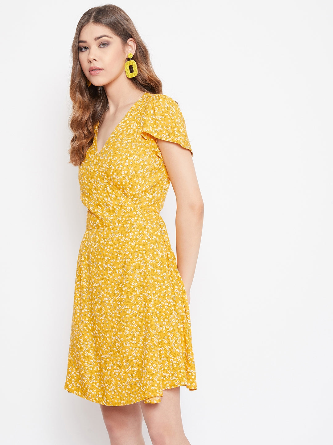 Women Yellow Floral Printed A-Line Wrap Mini Dress - Berrylush