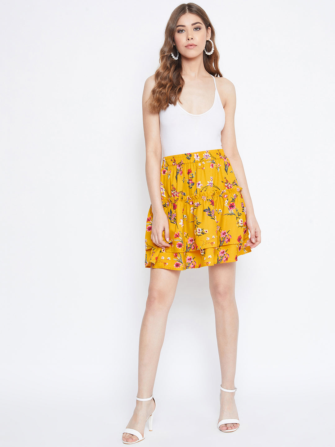 Berrylush Women Yellow Slip-On Floral Mini Skirt Layered Print