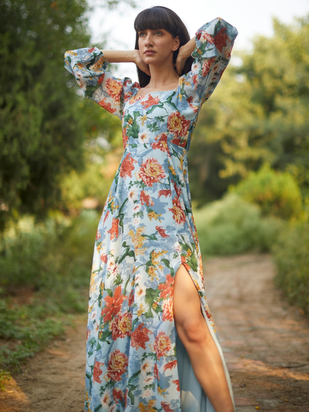 Magenta Floral 3 Layer Up-Down Maxi Dress - ALOFI - Women Designer Dresses