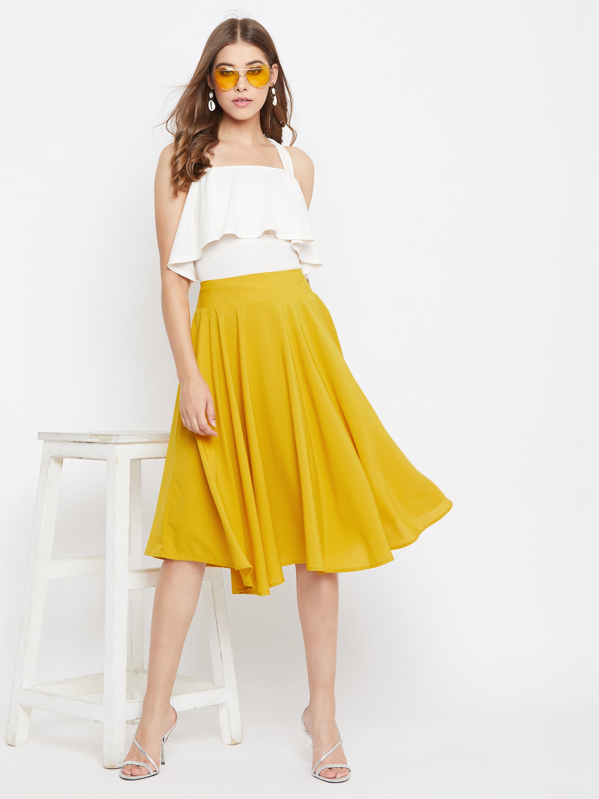 Women Plus Size Solid Yellow Polyester Slip-On High-Rise Waist Flared Midi  Skirt - Berrylush