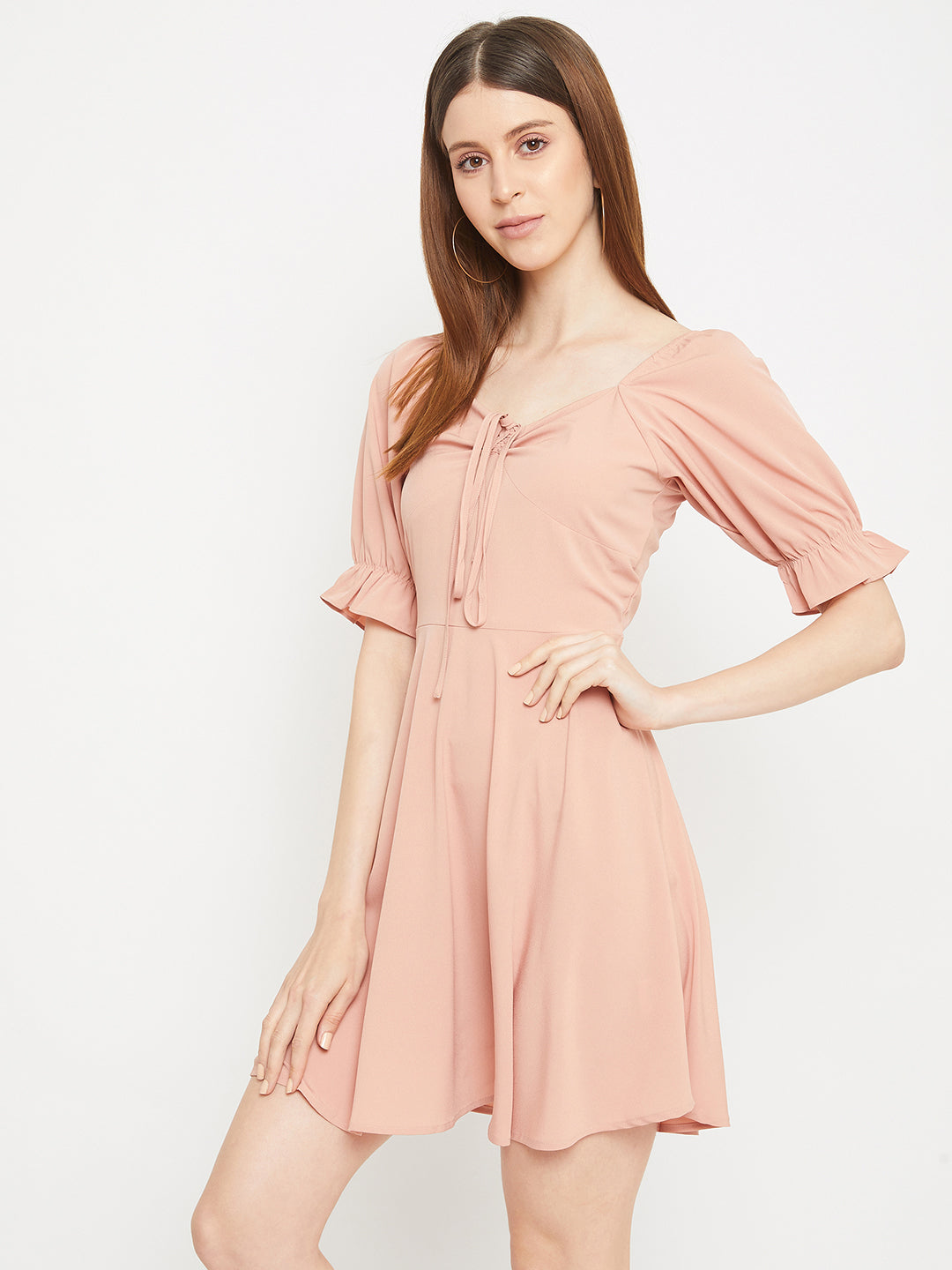 Berrylush Women Solid Pink Puff Sleeve Mini Dress