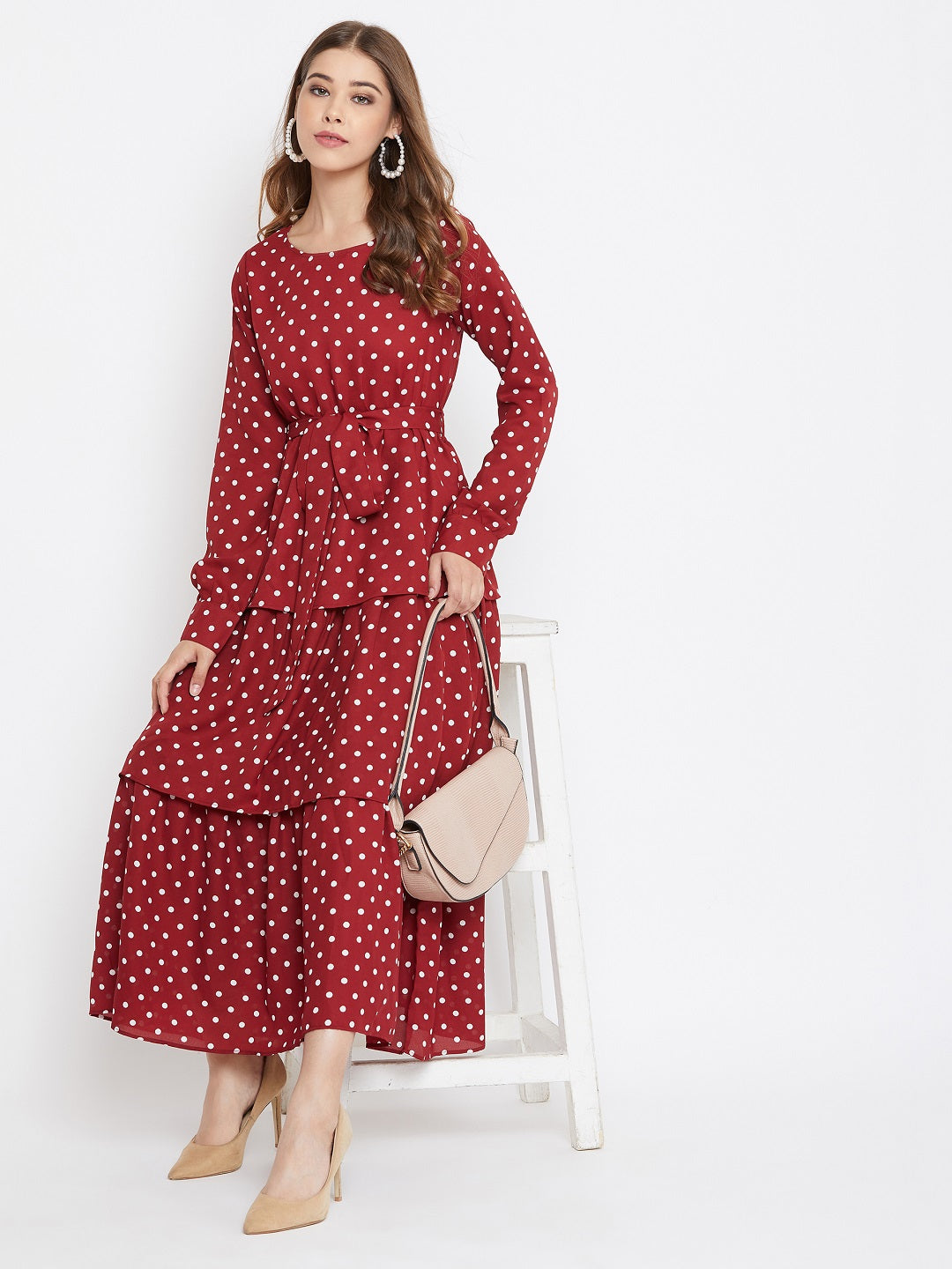 Women Red Dot Printed Round-Neck Tiered Fit & Flare Ma