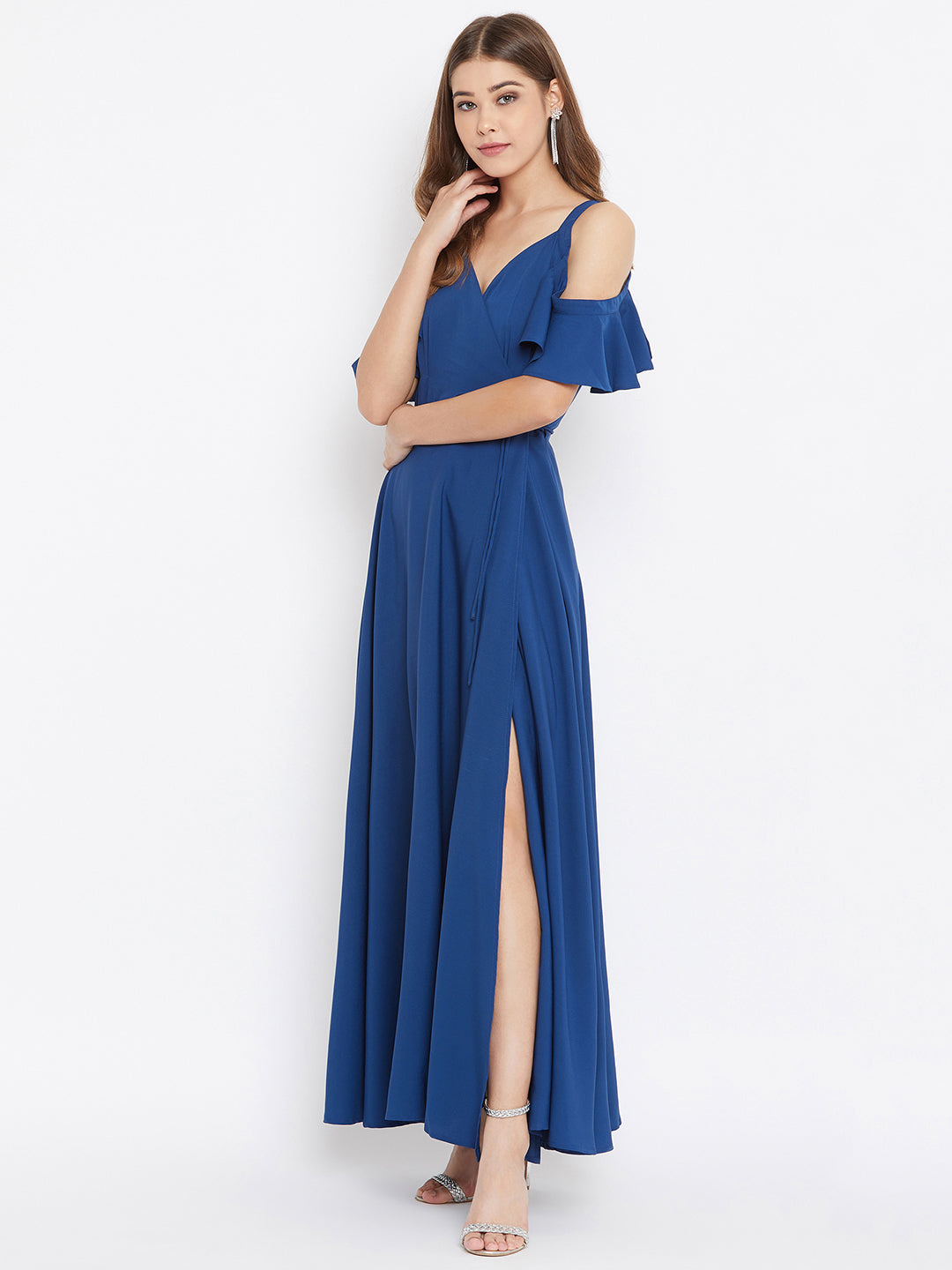 Berrylush Women Solid Blue Cold Shoulder Wrap Maxi Dress 