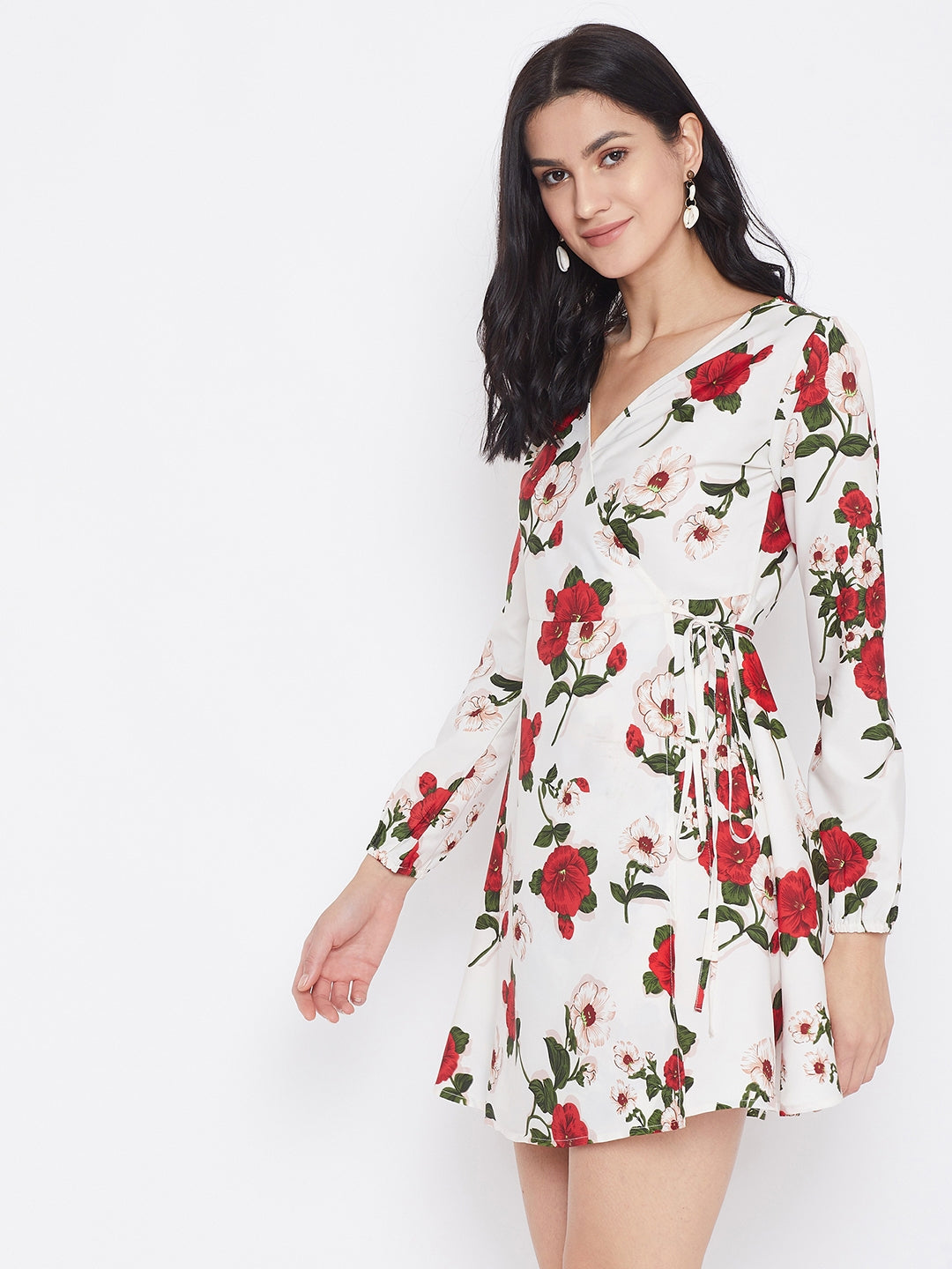 White wrap dress hot sale with red flowers