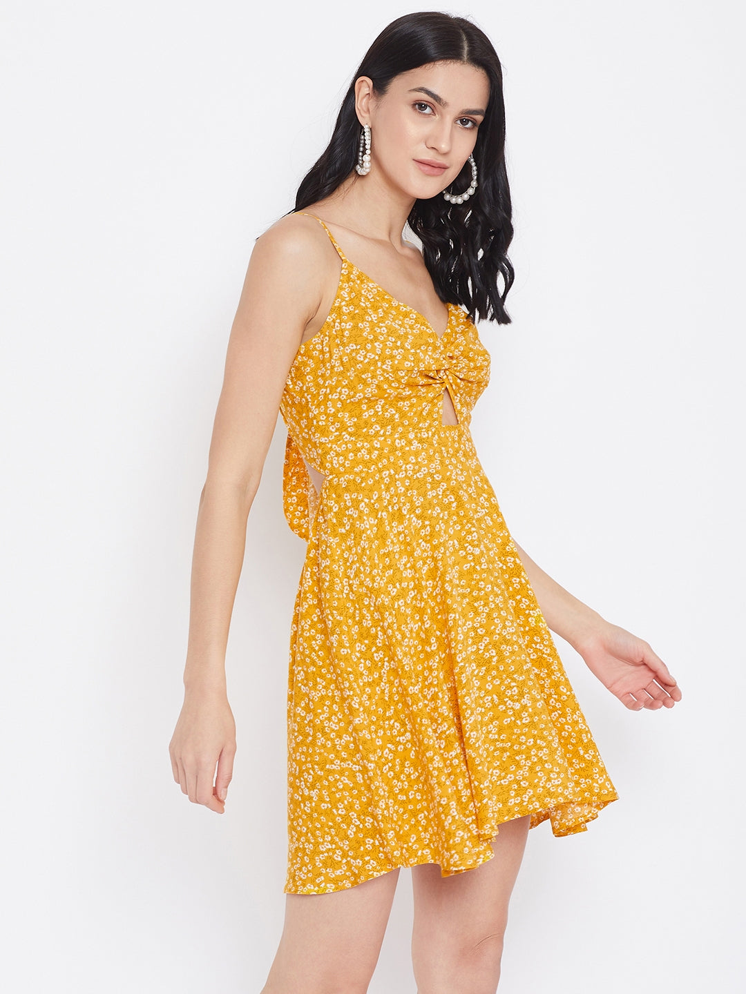 Berrylush Women Yellow Floral Printed Twist Knot Fit & Flare Mini Dres