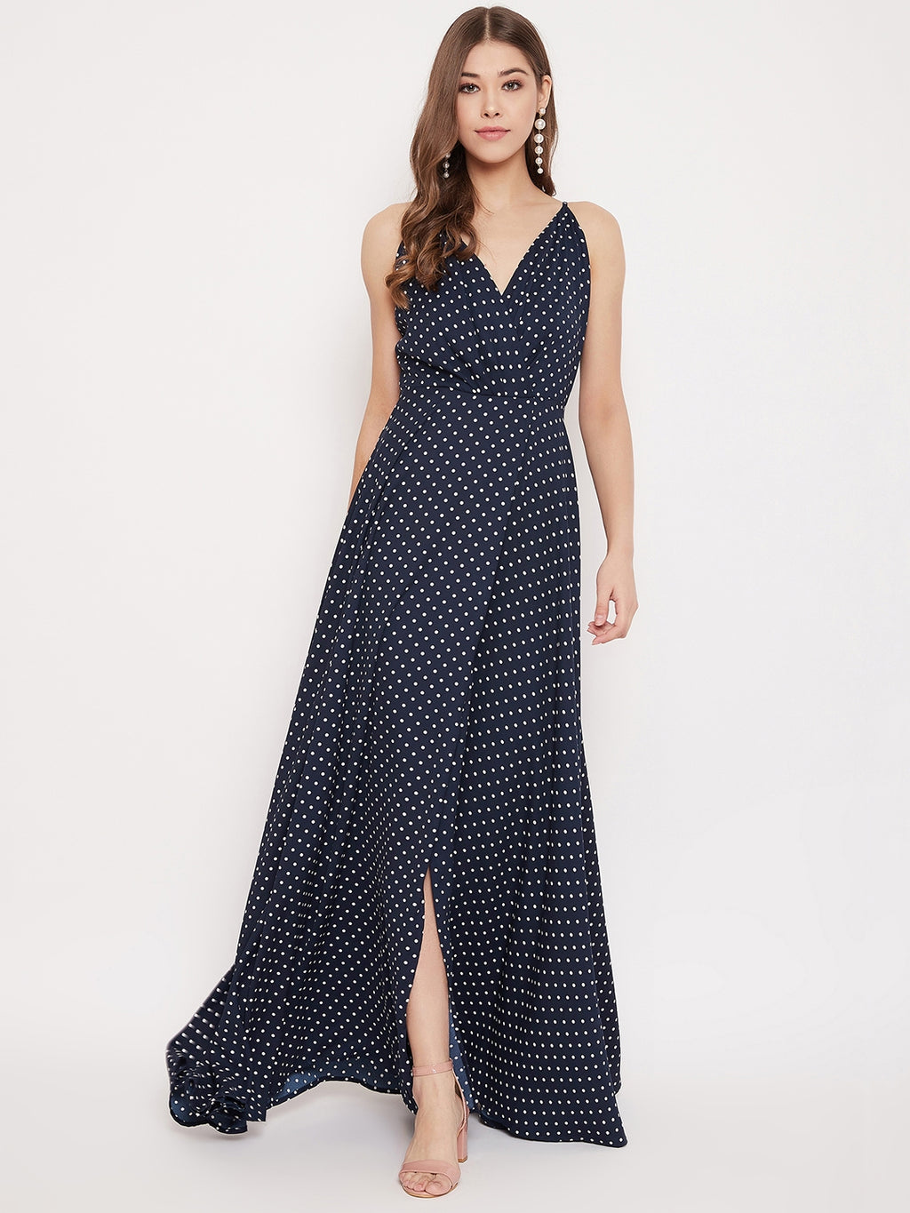 Printed V Neck Maxi Dress in Rye Polkadot