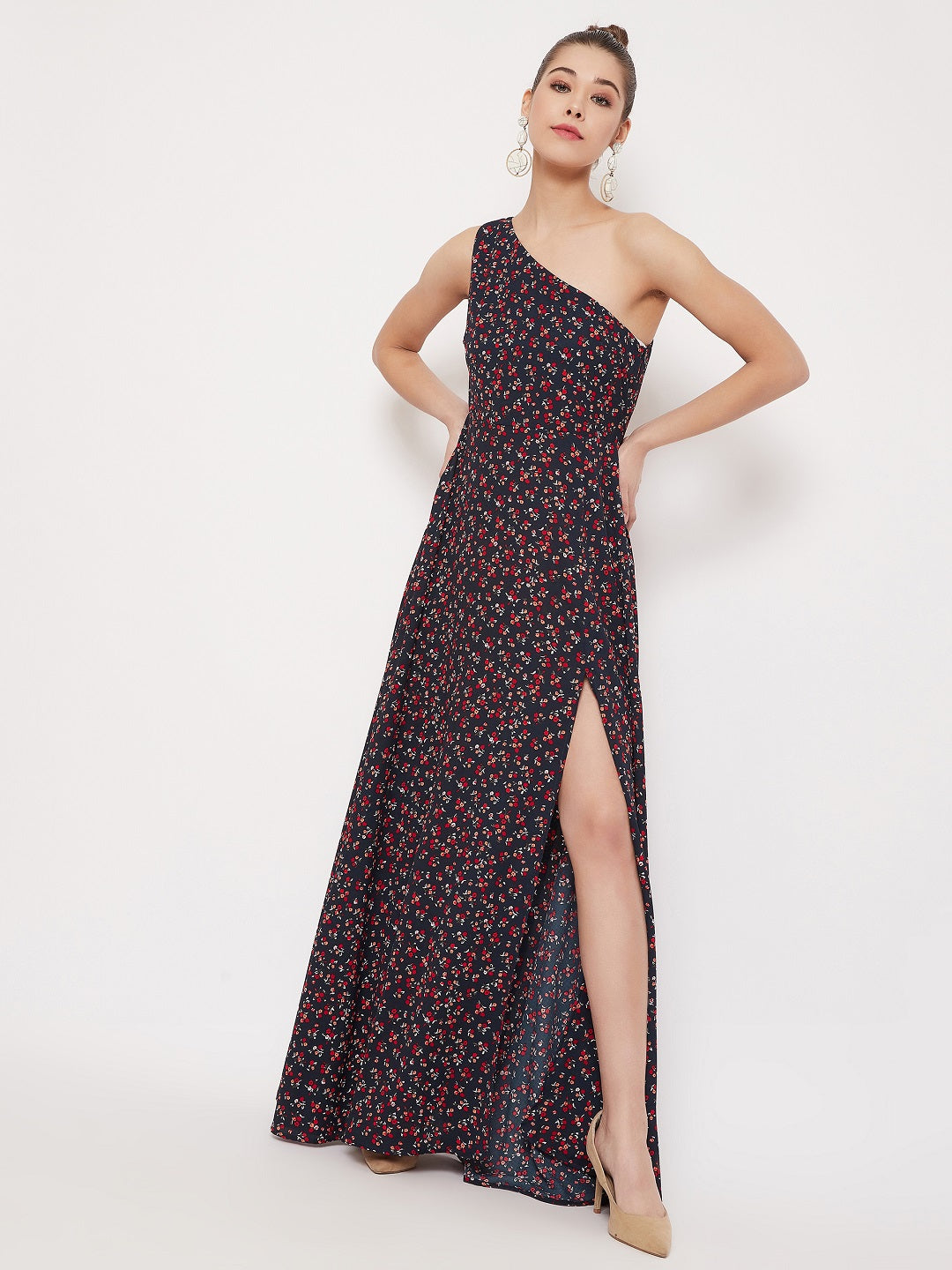 Navy Floral Printed Casual Maxi Dress With Side Slit | ADFY-LS-111 |  Cilory.com
