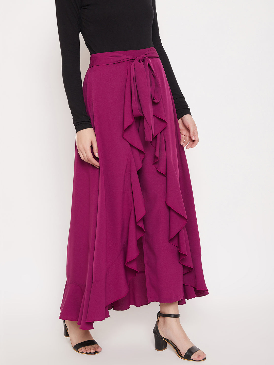 Berrylush Women Solid Maroon Waist TieUp Ruffled Maxi Skirt with Atta