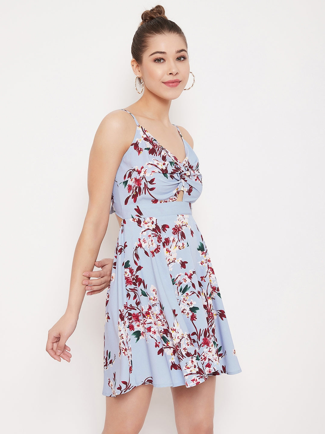 Berrylush Women Blue Floral Printed Twist Knot Fit & Flare Mini Dress